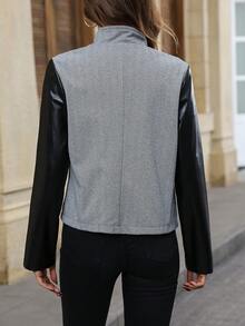 SHEIN Privé 雙色開門襟PU皮革袖夾克 - 黑色 - 查看 2