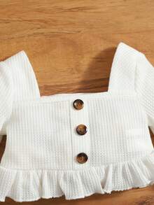 SHEIN Bebé niña Pantalones con top de cuello cuadrado de manga con volante bajo con fruncido - Blanco y Negro - Ver 3