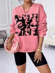 SHEIN EZwear Figure Graphic Drop Shoulder Sweatshirt - Pink - View 1