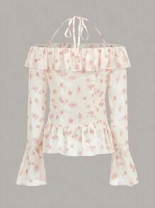 SHEIN MOD Floral Print Ruffle Trim Flounce Sleeve Blouse