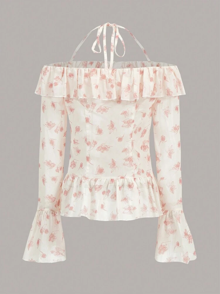 Floral Print Ruffle Trim Flounce Sleeve Blouse