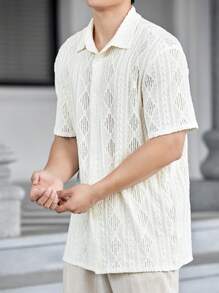 Manfinity VCAY Men Solid Button Up Shirt Baggy Short Sleeve Crochet Collar Plain White Vacation Shirt - White - View 4