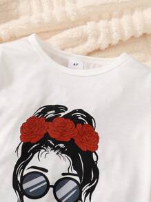 Young Girl Figure Graphic Ruffle Trim Tee & Flare Leg Pants - Multicolor - View 3