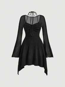 SHEIN MOD Vestido con cordón delantero de manga amplia bajo asimétrico - Negro - Ver 1