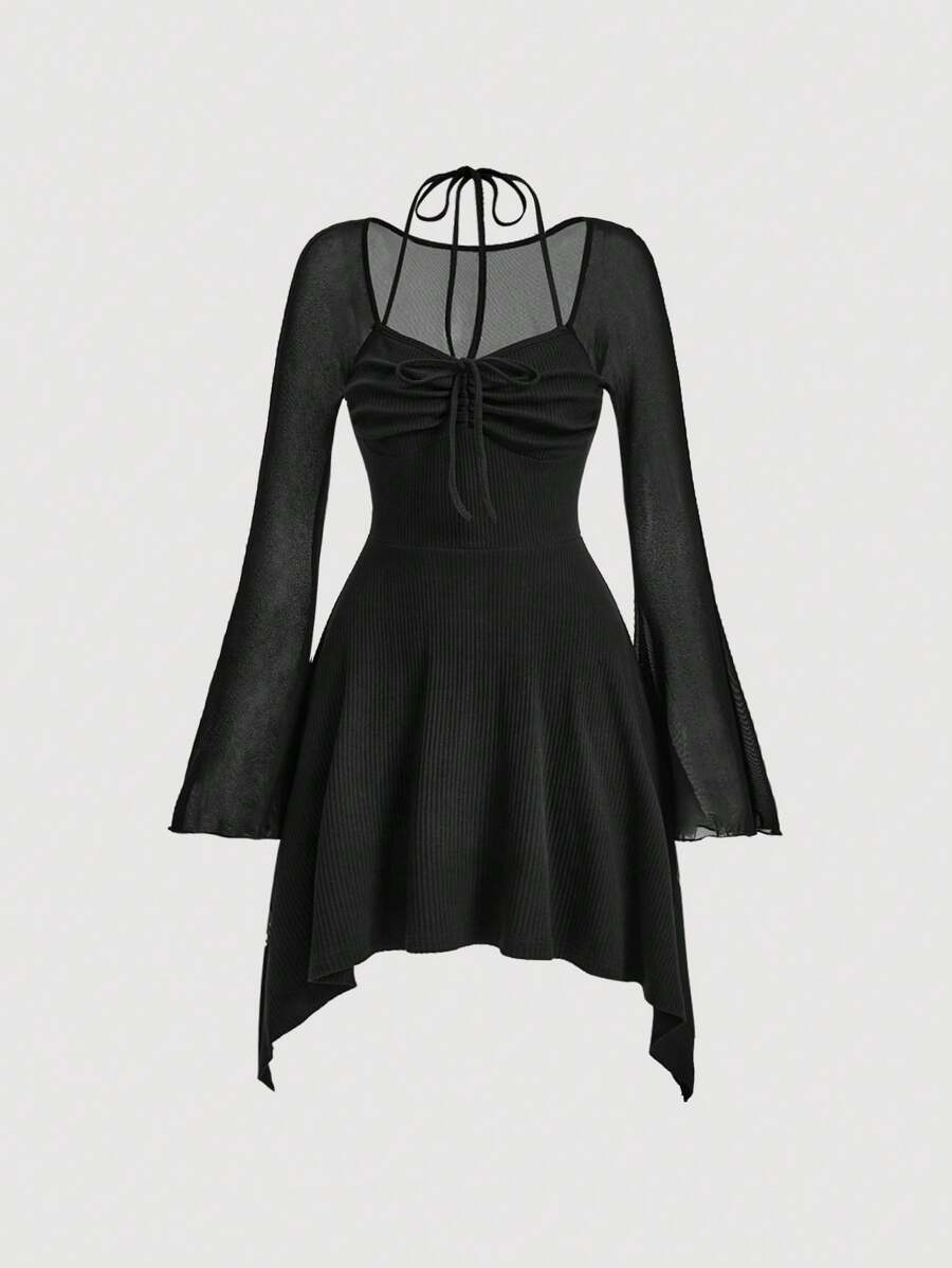 SHEIN MOD Vestido con cordón delantero de manga amplia bajo asimétrico - Negro - Ver 1