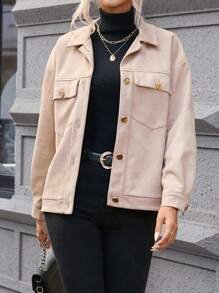 SHEIN LUNE 翻蓋口袋落肩袖外套 - 卡其色 - 查看 6