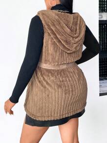 Celure Plus Hooded Belted Fuzzy Vest Coat Thermal - Multicolor - View 2