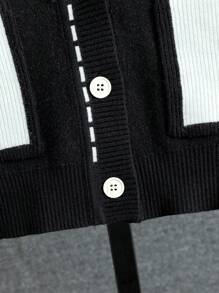 SHEIN 男小童撞色條紋飾邊雙口袋前紐扣開襟衫 - 黑色 - 查看 6