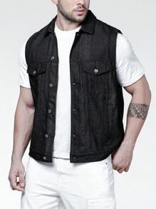Manfinity Men Plus Flap Pocket Denim Vest Jacket - Black - View 1