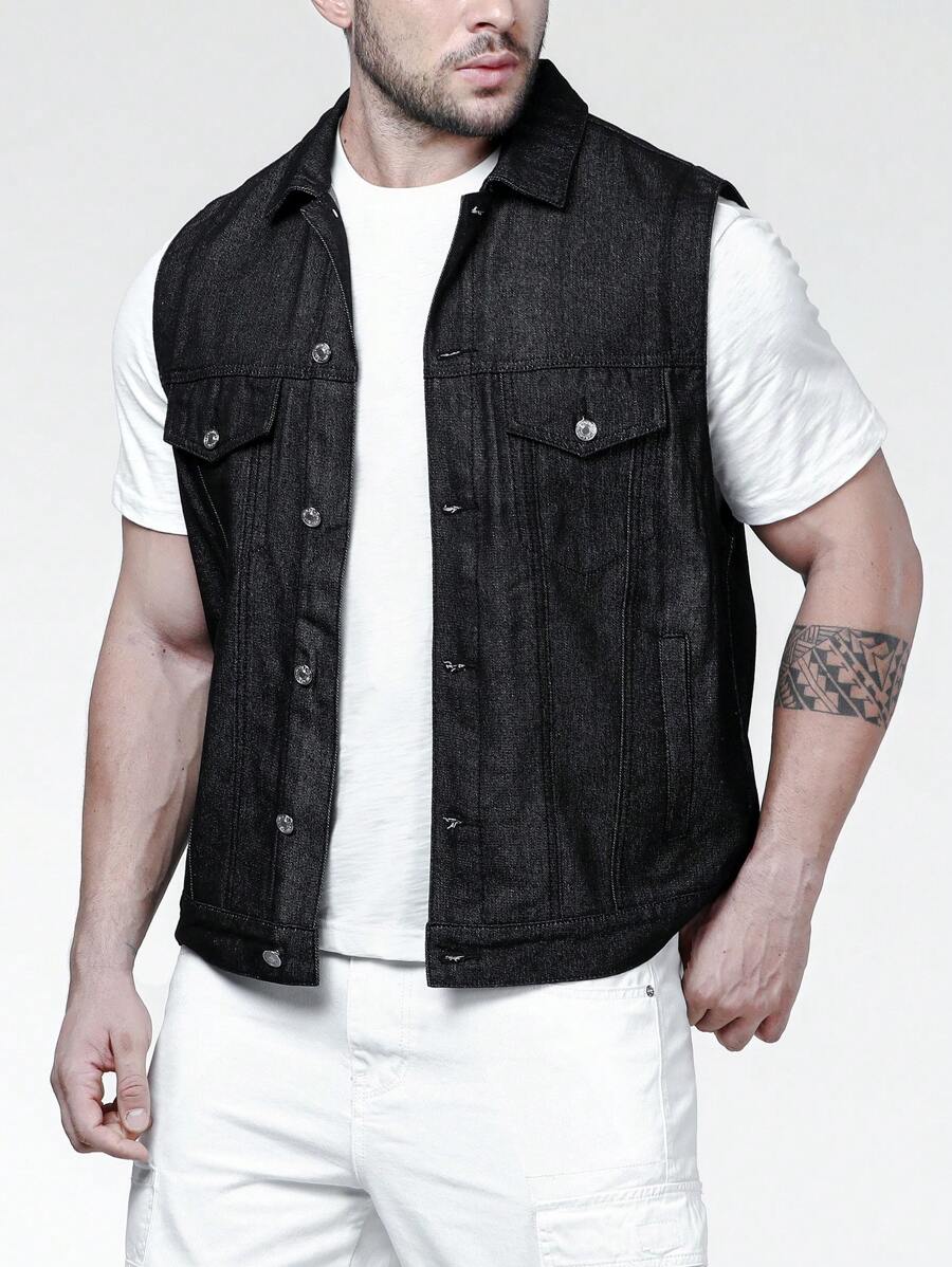 Manfinity Men Plus Flap Pocket Denim Vest Jacket - Black - View 1