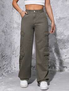 SHEIN PETITE 素色翻蓋口袋牛仔褲 - 軍綠色 - 查看 5