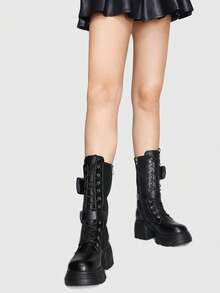 ROMWE Grunge Punk Women Buckle Decor Lace-up Front Combat Boots, Punk Outdoor Fashion Boots - Black - View 3