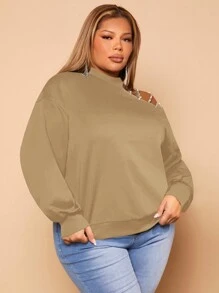 SHEIN SXY 大碼不對稱領落肩袖運動衫 - 駝色 - 查看 4