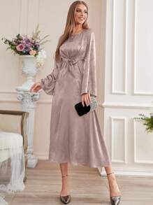 Modelyn Jacquard Trumpet Sleeve Knot Front Dress, Evening Dress - Coffee Brown - View 5