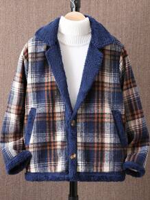 Tween Boy Plaid Print Teddy Lined Overcoat Without Sweater