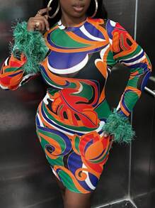 Slaydiva 大碼滿版印花毛茸茸袖口緊身洋裝 - 綠色 - 查看 3