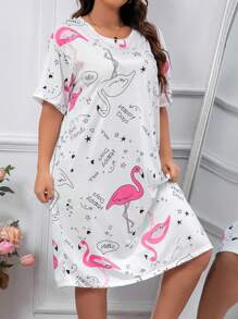 Plus Flamingo Print Pajama Nightdress - White - View 3