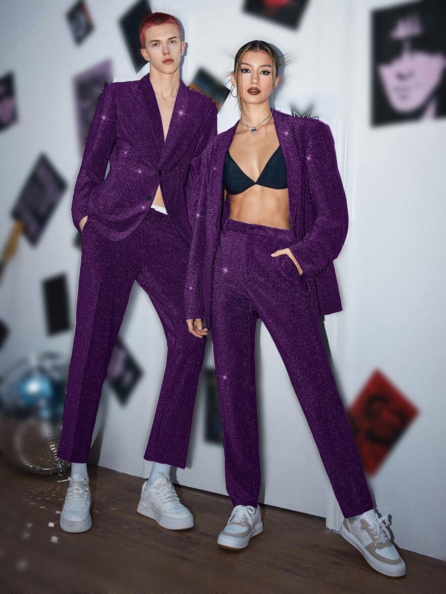 SWAVVY 2pcs Men Glitter Blazer & Pants - Purple - View 1