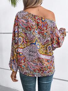 SHEIN VCAY 佩斯利印花不對稱領燈籠袖襯衫 - 橘色 - 查看 2