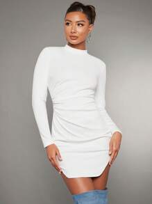 SHEIN BAE Mock Neck Ruched Side Asymmetrical Hem Bodycon Dress - White - View 3