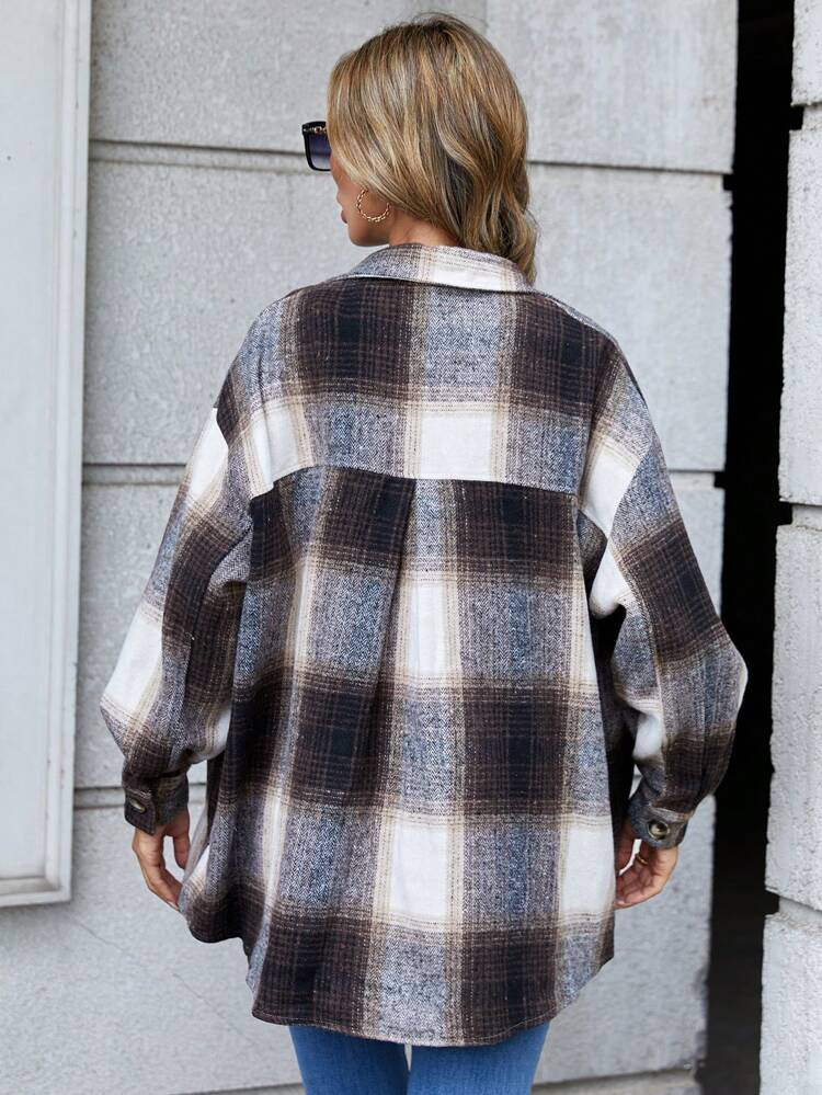 Plaid Print Drop Shoulder Pocket Patched Overcoat