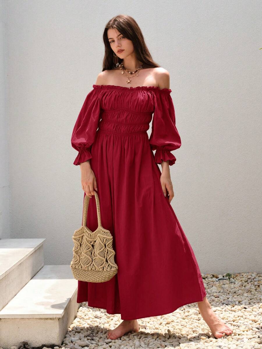 SHEIN VCAY 一字肩褶邊荷葉袖褶邊緊身洋裝 - 酒紅色 - 查看 1