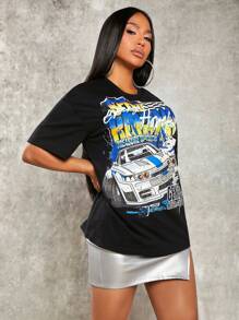SHEIN SXY Car & Letter Graphic Drop Shoulder Tee