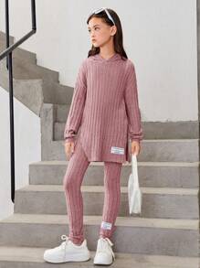 SHEIN Leap Crew Tween Girl Letter Patched Drop Shoulder Hooded Tee & Leggings - Pink - View 1