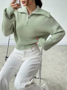 SHEIN Unity Jersey con cremallera cuarta de hombros caídos tejido de canalé - Verde - Ver 1