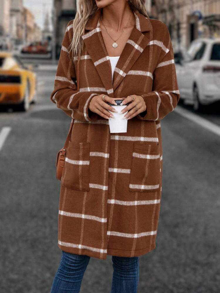 Plaid Print Drop Shoulder Pocket Patched Overcoat