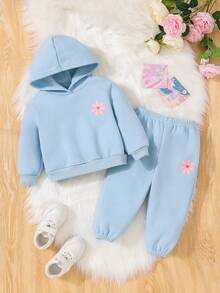 SHEIN 女嬰花和標語圖案連帽衫和運動褲 - 藍色 - 查看 2