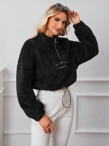 SHEIN Frenchy 秋冬字母刺绣拉链前落肩泰迪熊卫衣