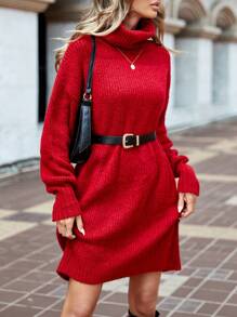 EURMUSE Turtleneck Drop Shoulder Sweater Dress Without Belt - Red - View 5