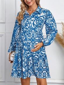 SHEIN 孕婦滿版印花荷葉邊娃娃裙 - 藍白色 - 查看 6