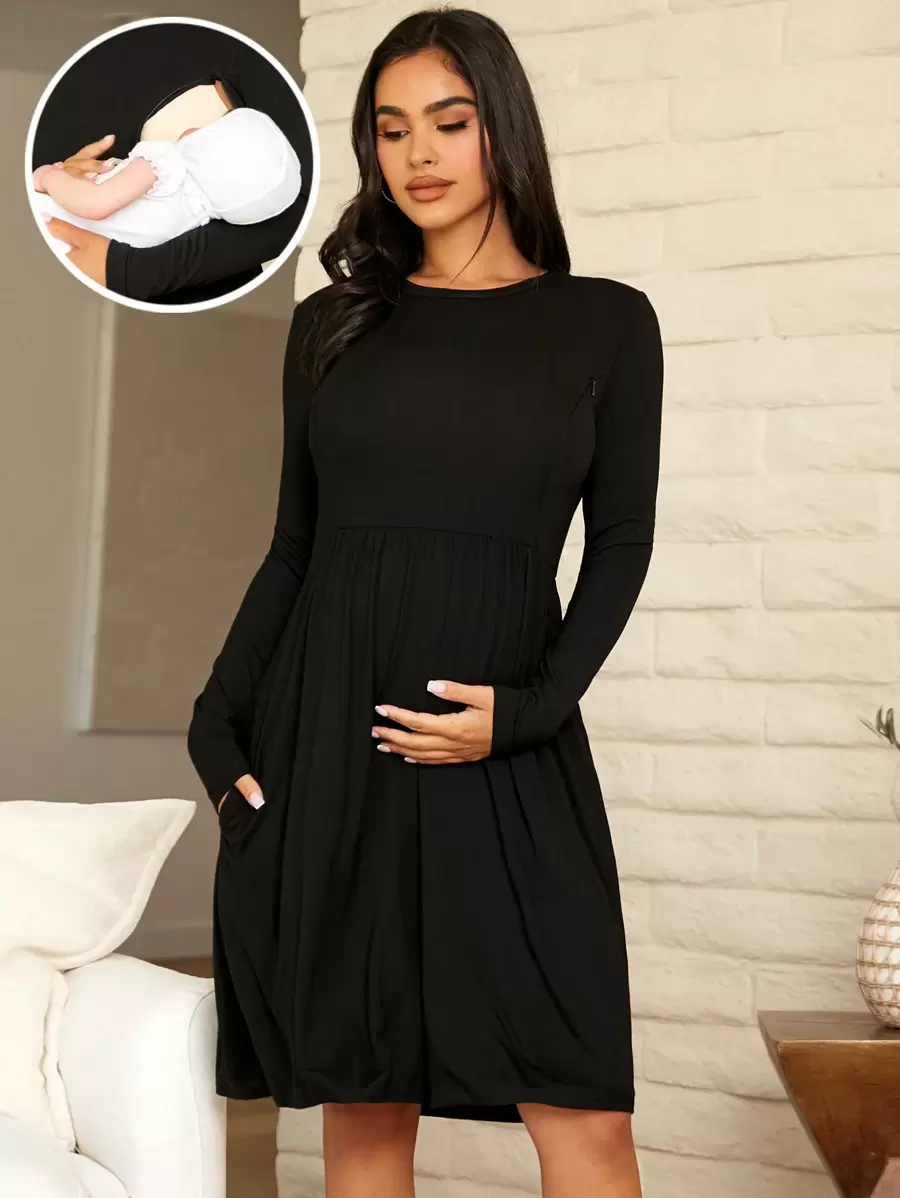 SHEIN Maternity Solid Nursing Dress - Black - View 1