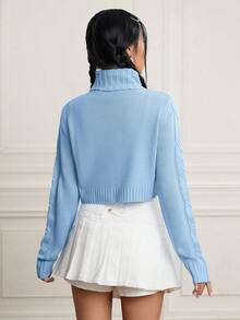 SHEIN MOD Turtleneck Cable Knit Turtleneck Crop Sweater - Blue - View 2