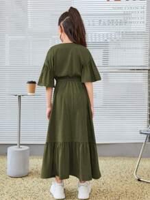 SHEIN Chica preadolescente Vestido de hombros caídos bajo con fruncido - Verde militar - Ver 2