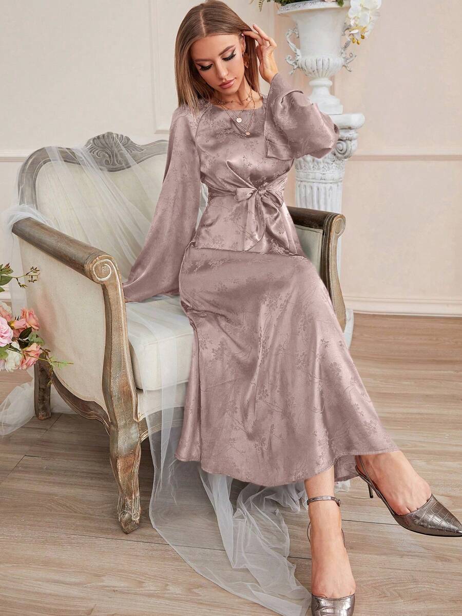 Modelyn Jacquard Trumpet Sleeve Knot Front Dress, Evening Dress - Coffee Brown - View 1