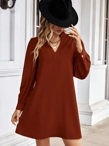 SHEIN LUNE Notch Neck Button Back Dress - Rust Brown - View 3