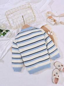 SHEIN Young Girl Striped Pattern V Neck Sweater - Blue and White - View 2