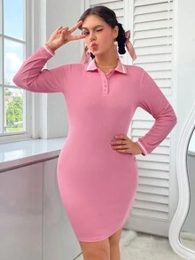 SHEIN EZwear 大尺碼拼色polo領連衣裙 - 粉色 - 查看 3