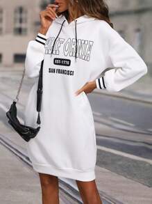 SHEIN LUNE Letter Graphic Drop Shoulder Drawstring Hoodie Dress - White - View 5