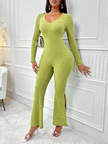Cut Out Tie Back Ribbed Knit Split Thigh Jumpsuit - Olive Green - View 5