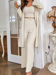 Contrast Binding Belted Robe & Cami Top & Pants Lounge Set Outfit, Fall Winter Clothes Cozy And Elegant Details - Beige - View 3