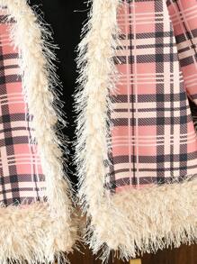 SHEIN 女小童格紋圖案毛茸邊開門襟外套無毛衣 - 粉色 - 查看 5