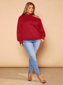 SHEIN SXY Plus Rhinestone Detail Asymmetrical Neck Drop Shoulder Sweatshirt - Red - View 4