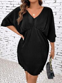 SHEIN Clasi 大碼蝙蝠袖木耳邊洋裝 - 黑色 - 查看 6