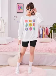 SHEIN Chica adolescente Pullover con estampado floral de hombros caídos & Shorts biker - Negro - Ver 4