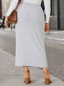 SHEIN LUNE Hơn Nút phía trước Đồ đan Ribbed Váy - Xám - Xem 3