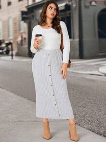 SHEIN LUNE Hơn Nút phía trước Đồ đan Ribbed Váy - Xám - Xem 4